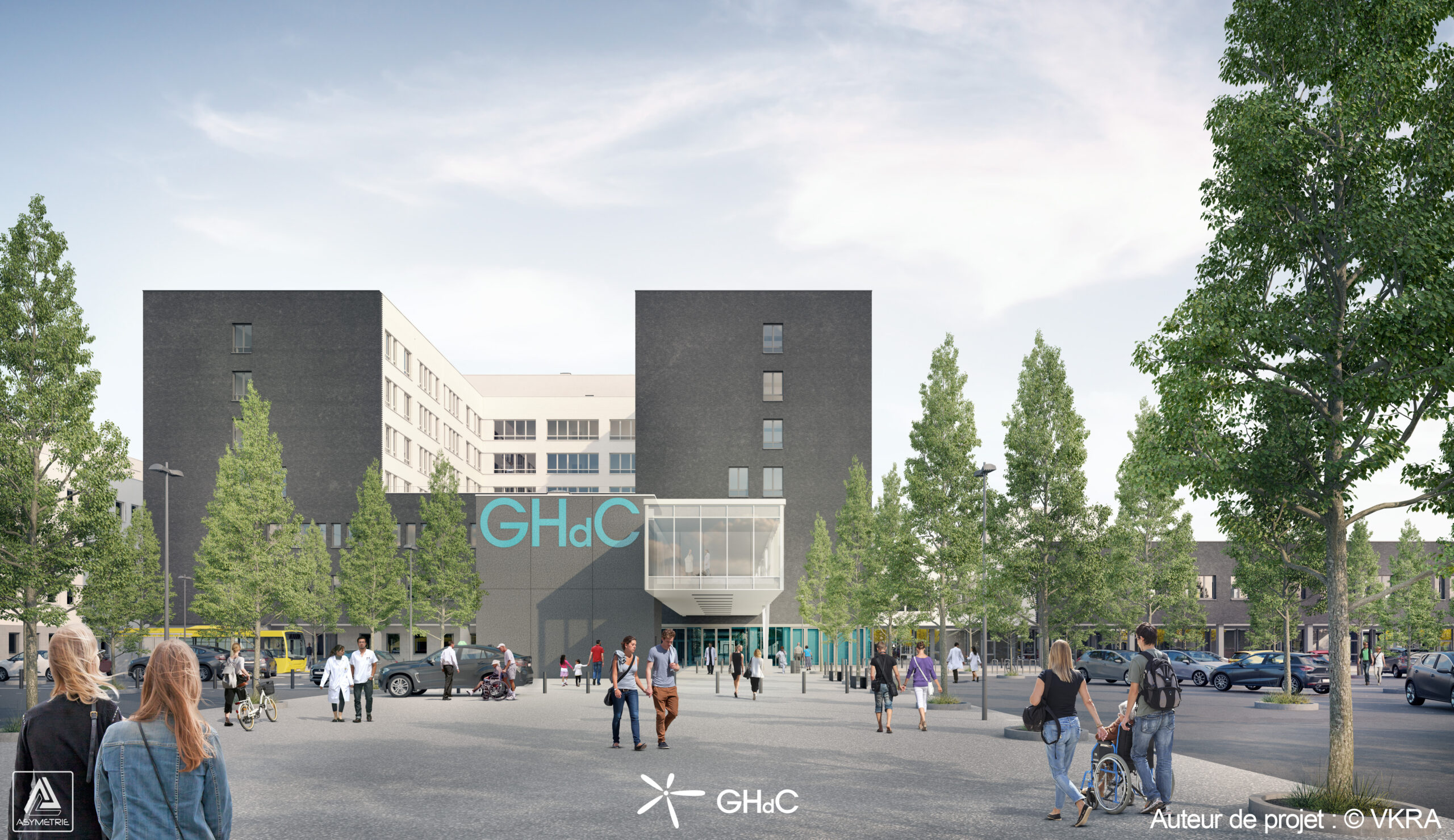architecture-contemporaine-grand-hopital-de-charleroi-campus-des-viviers-VK-vue-entrée-depuis-parking